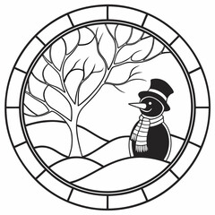 Christmas SNOWMAN round sign Black vector silhouette