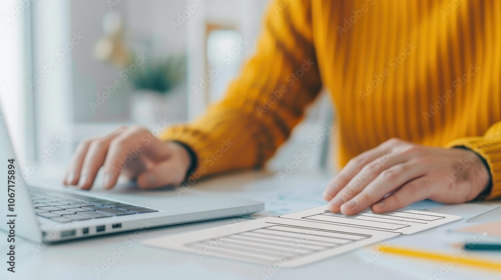 Aufkleber web designer working on wireframes using a laptop in a bright workspace