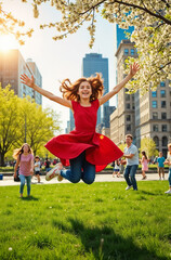 Joyful Girl Jumping in a City Park During Spring with Blossoming Trees