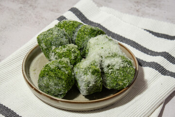 Frozen food spinach cubes homemade. Harvesting concept. Stocking up vegetables for winter storage Healthy food, Cooking ingredients