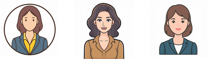 Three cartoon women with different hairstyles and outfits.
