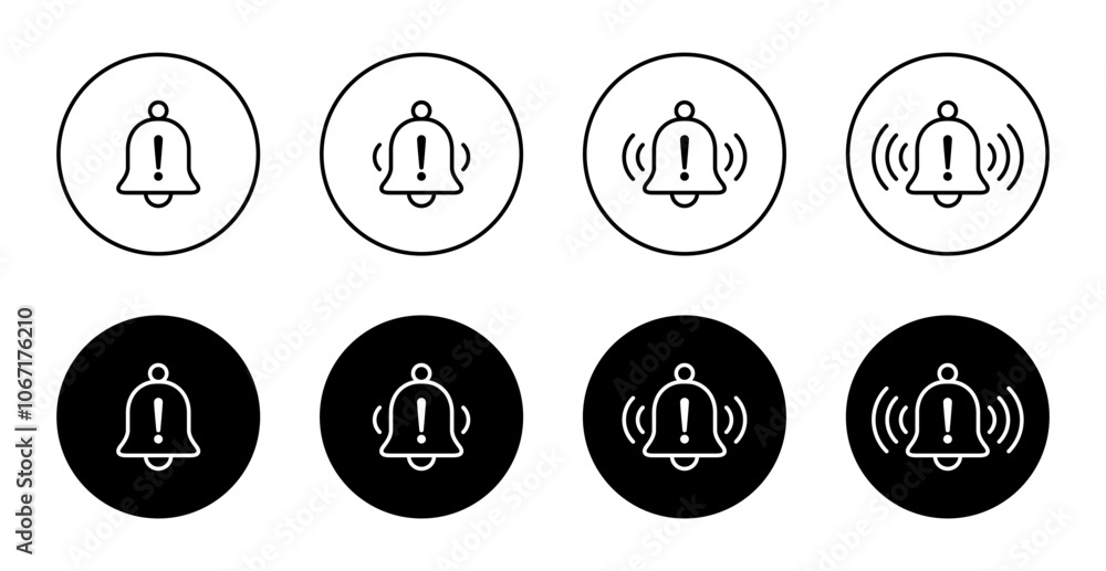 Poster bell line with exclamation mark icon on black circle. warning notification outline sign symbol