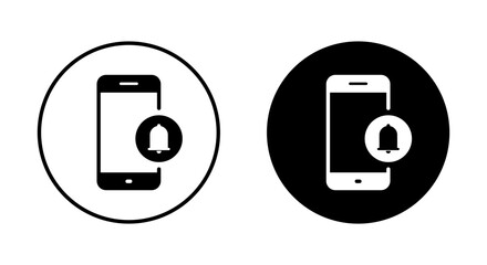 Notification bell with mobile phone icon on black circle.  Cellphone notice sign symbol