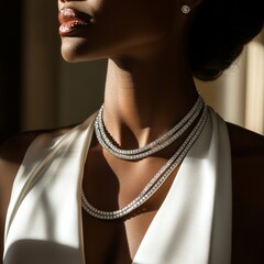 Close-Up of Elegant White Silk Dress and Silver Diamond Necklace on a Black Woman with Brown Skin Tone