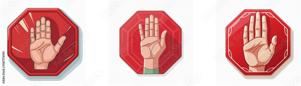 Aufkleber three red octagonal stop signs with a white hand palm facing forward.
