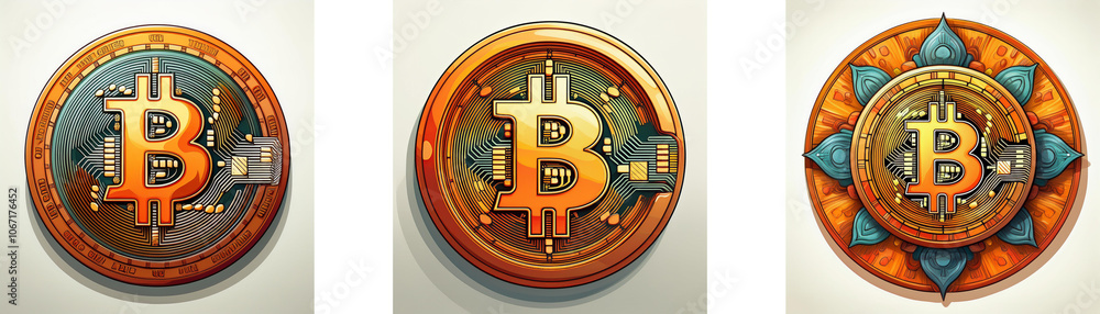 Poster three variations of a digital currency symbol with an orange and gold background.
