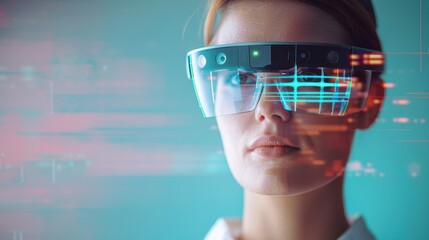 Woman using augmented reality headset with holographic interface and futuristic digital elements