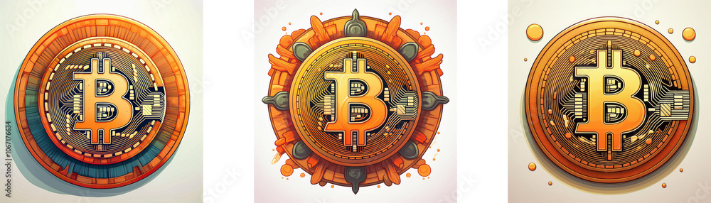 Poster three stylized depictions of a bitcoin with variations in design, featuring an orange, brown, and gr