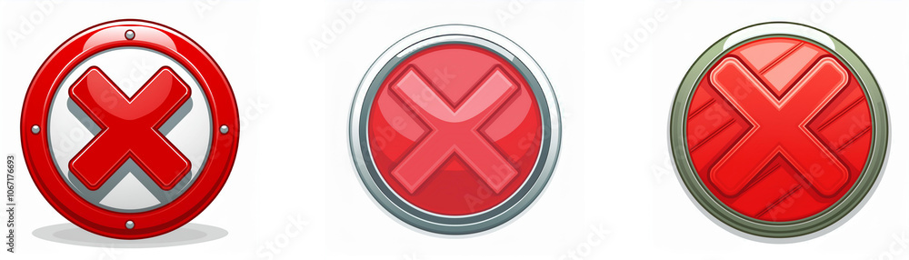 Fototapete Three circular buttons with a red X in the center. Each button has a different design around the red X.