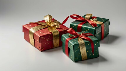 Fototapeta premium Bright gift boxes with shiny ribbons and bows against a festive backdrop of holiday decorations. Colorful packages create an atmosphere of celebration and joyful anticipation of wonders.