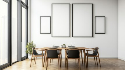 Inviting entrance to a dining room with a dining table, chairs, and an empty white wall behind, perfect for a personalized gallery wall
