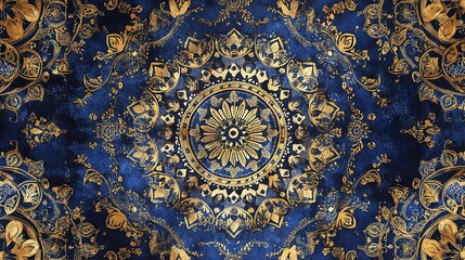 Obraz premium Golden mandala patterns on distressed blue background.