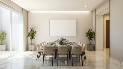 Fototapeta premium Modern dining room view from the entrance, with a table set for meals, surrounded by chairs, with a blank white wall behind adding a clean aesthetic.