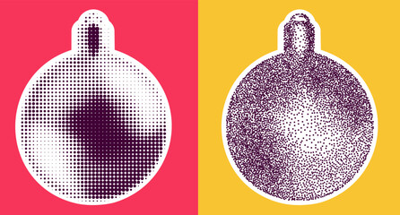 Silhouette christmas holiday toys in monochrome halftone or stippling style. Set retro graphic elements with photocopy grunge effects. Vector illustration.