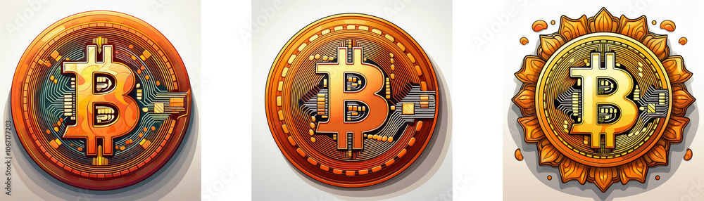 Poster three stylized coins with a 