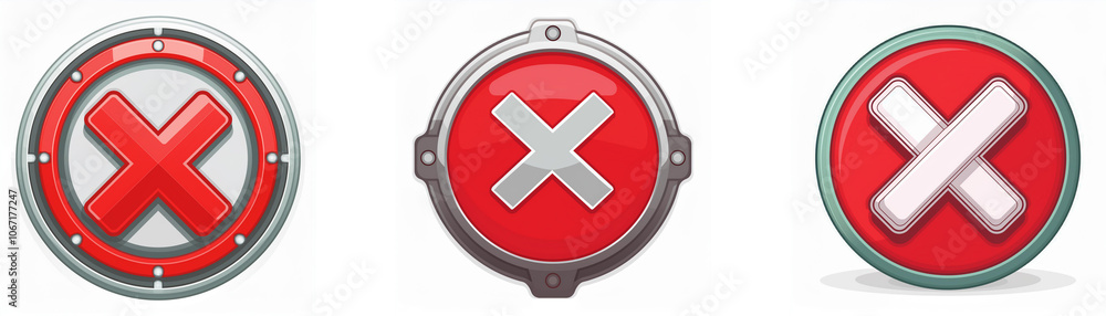 Poster Three red circular buttons with white cross marks in different styles, one with a gray background, another with a grey metal frame, and the last with a subtle shadow.