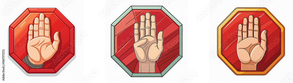 Leinwandbilder three stop signs with an open hand in front of a red background.