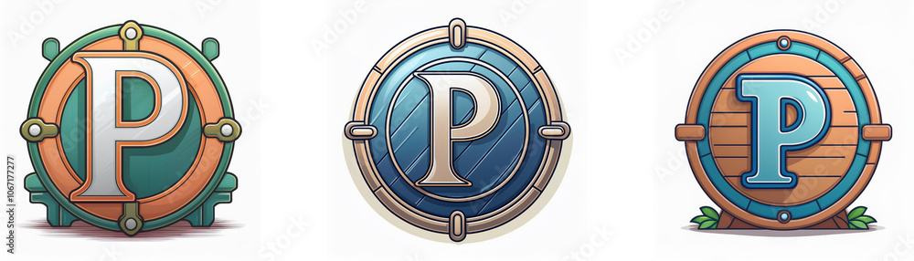 Poster three circular emblems feature a stylized capital p within a wooden frame.