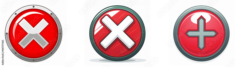 Poster three round buttons with a metallic rim. the left two buttons are red with a white cross, the third 
