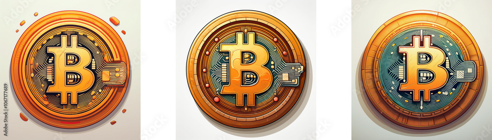 Poster Three circular coins with a large B in the center have different designs in the background.