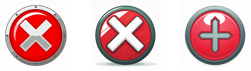 Obraz premium Three round buttons with a metallic rim. The left two buttons are red with a white cross, the third is red with a grey plus sign.