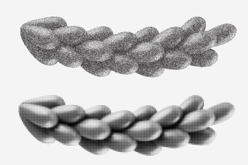 Silhouette fir tree branch in monochrome halftone or grainy stippling style. Set retro graphic element with photocopy grunge effects. Pop art vector illustration.