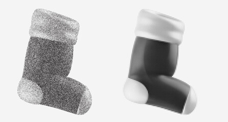 Silhouette santa sock in monochrome halftone or grainy stippling style. Set retro graphic element with photocopy grunge effects. Pop art vector illustration.