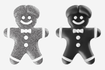 Silhouette gingerbread man in monochrome halftone or grainy stippling style. Set retro graphic element with photocopy grunge effects. Pop art vector illustration.