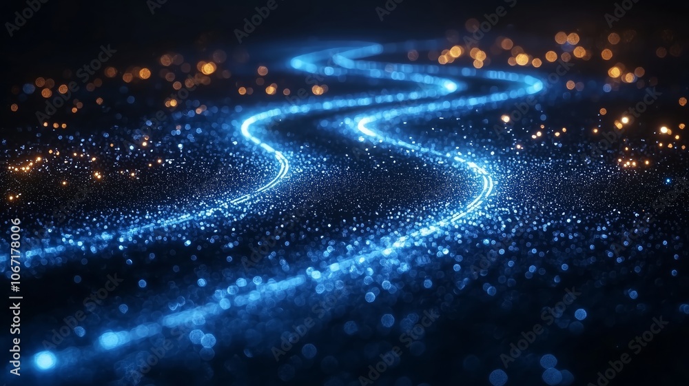 Poster sparkling blue circuit paths in dark background