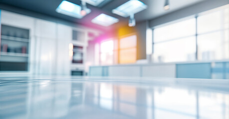 Modern White Kitchen Interior with Blurred Background and Reflective Table. Contemporary Home Design, Clean and Bright Space Concept.