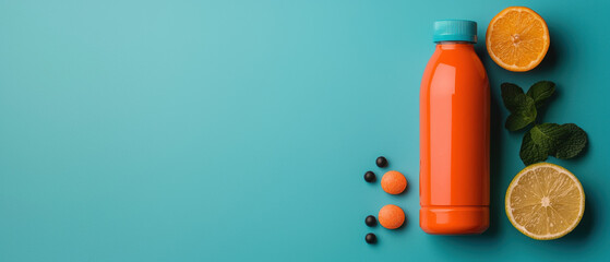 A vibrant orange drink bottle accompanied by fresh fruits, including oranges and berries, on a bright blue background.