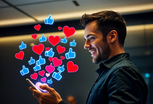 Man happily surrounded by hearts and thumbs up while holding phone; perfect for conveying positivity, social media, relationships, and technology concepts.