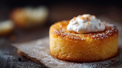 A scrumptious dessert treat topped with a generous dollop of whipped cream.