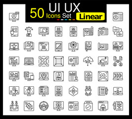 Set of 50 UI and UX icons related to User Experience, User Interface, Interaction Design, Customer Experience Line Icon collection
