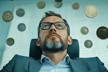 A focused businessman watches floating coins, symbolizing financial growth and investment opportunities.