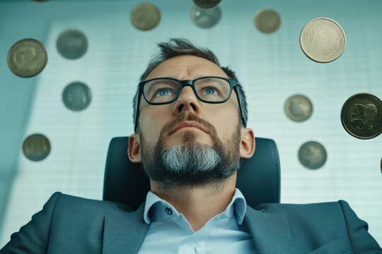 A focused businessman watches floating coins, symbolizing financial growth and investment opportunities.
