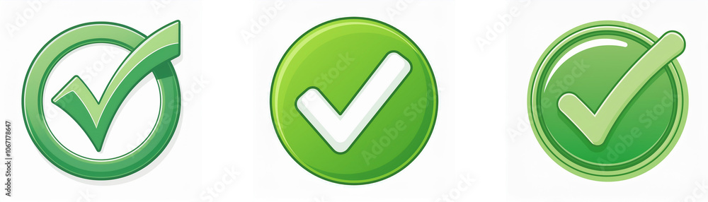 Aufkleber Three green check marks. One check mark is inside a circle, another is inside a button, and the final one is inside a circle with a glow effect.