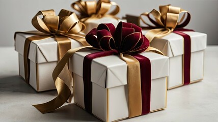 Obraz premium Bright gift boxes with shiny ribbons and bows against a festive backdrop of holiday decorations. Colorful packages create an atmosphere of celebration and joyful anticipation of wonders.