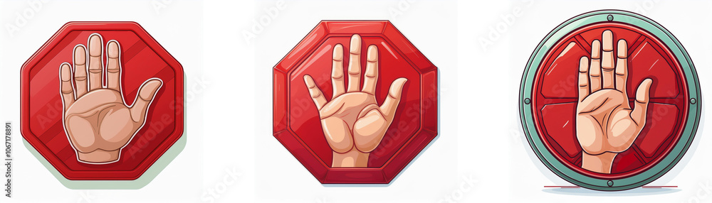Aufkleber Three stop signs with an open hand palm facing the viewer.
