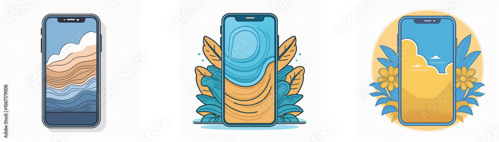 Aufkleber three illustrations of mobile phones featuring abstract backgrounds with a beach theme.