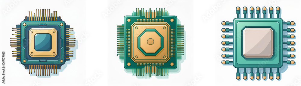 Fototapete Three different types of microchips with varying shapes and numbers of pins.