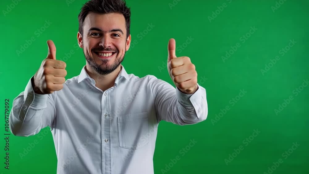 Poster businessman giving a thumbs up with both hands in front of a green screen background. smiling and ra