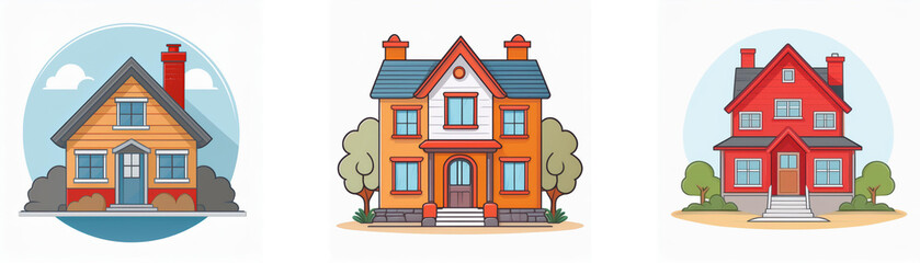 Three cartoon houses, each with a different style and color, are arranged in a row.