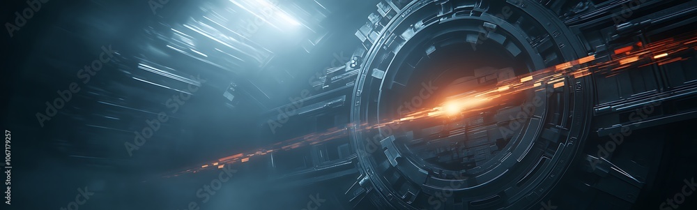 Poster a futuristic scene featuring a luminous portal surrounded by intricate machinery, emitting beams of 