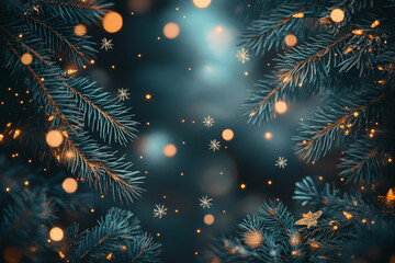 Weihnachtlicher Hintergrund im Hochformat. Tannenzweige und Sterne mit Tiefensch&auml;rfe und Bokeh, Weihnachtskarte, erstellt mit generativer KI