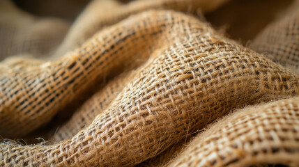 Fototapeta premium A close-up view of textured burlap fabric, showcasing its natural fibers and gentle waves.