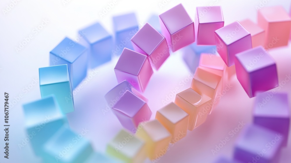 Wall mural a series of 3d cubes arranged in a spiral pattern, each with a different pastel color, floating on a