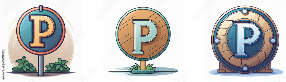Aufkleber three round signs featuring the letter p in different styles and colors.