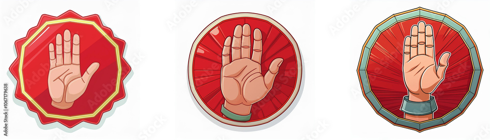Poster three stylized hand-shaped logos with red backgrounds and various borders.