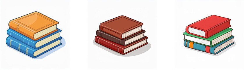 Three stacks of books with different colors and patterns.